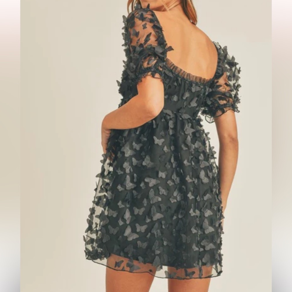 THIRTY THIRTY LA BLACK SHEER BUTTERFLY PUFF SLEEVE BABYDOLL MINI DRESS SIZE MED - Picture 3 of 9